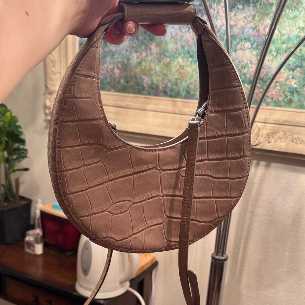 STAUD Croc-Embossed Tan Shoulder Bag